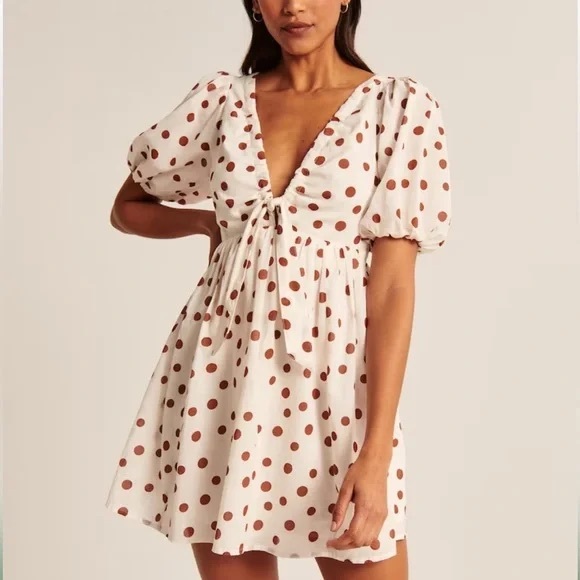 Abercrombie & Fitch Dresses & Skirts - Abercrombie & Fitch Cream and Brown Polka Dot Mini Dress Puff Sleeve Tie MP
